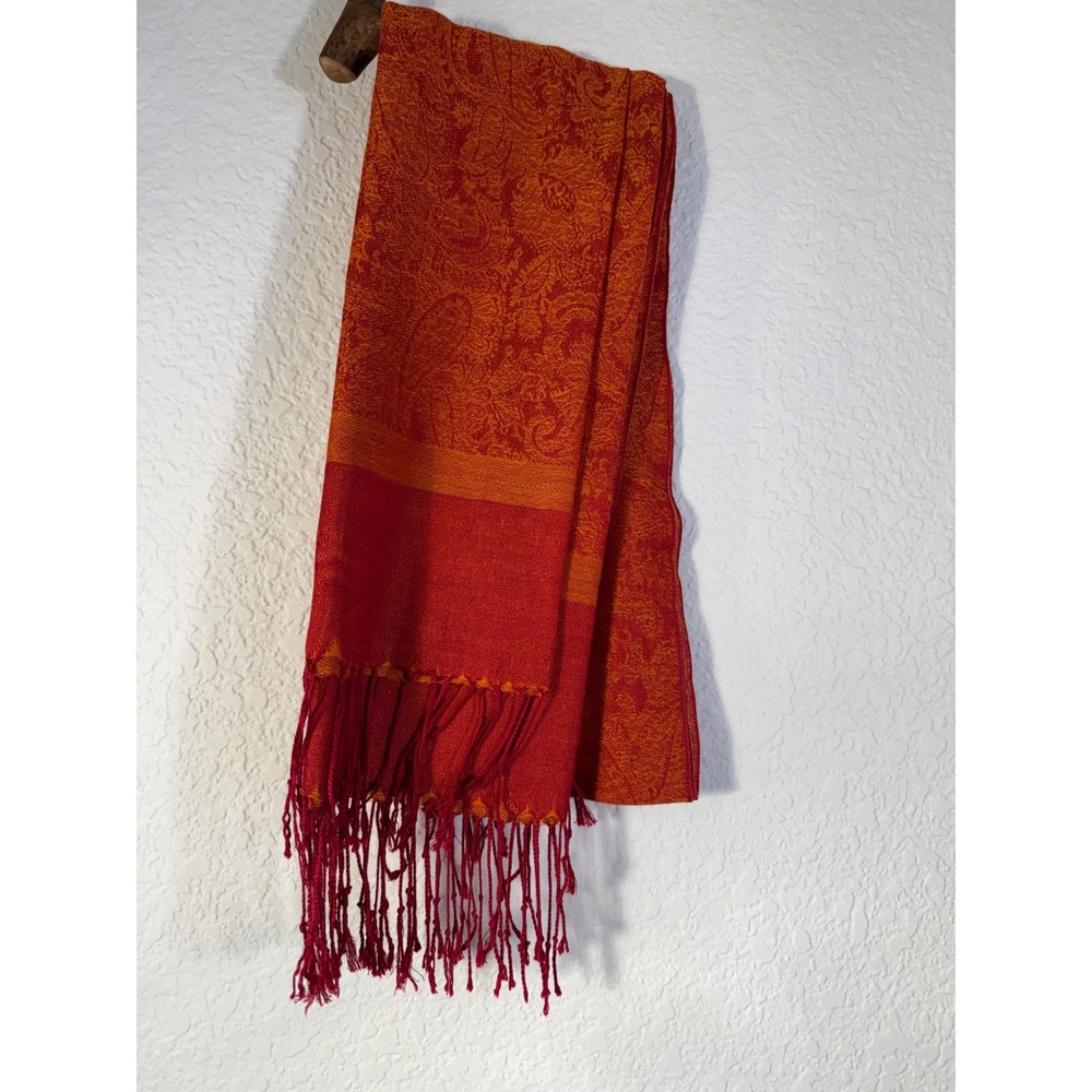 Pashmina Cashmere Silk Paisley Scarf Shawl Wrap Orange Red Made in Italy 27x74 - Picture 10 of 10
